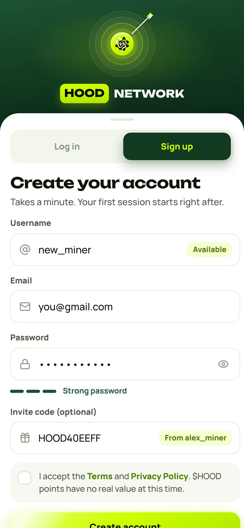 Sign-up screen