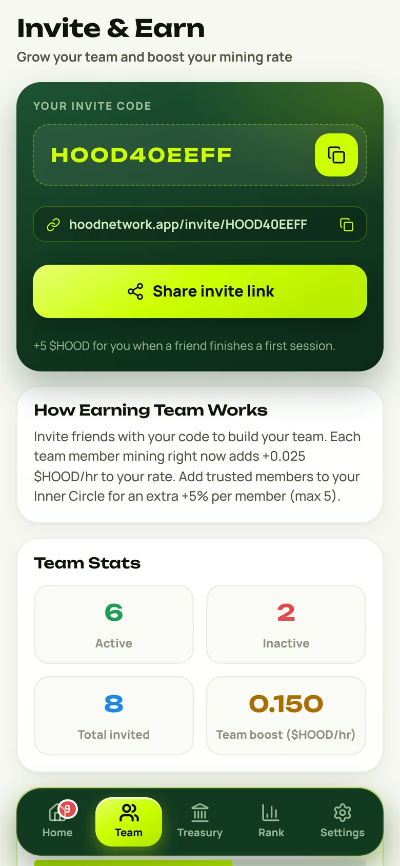 Team and invite screen